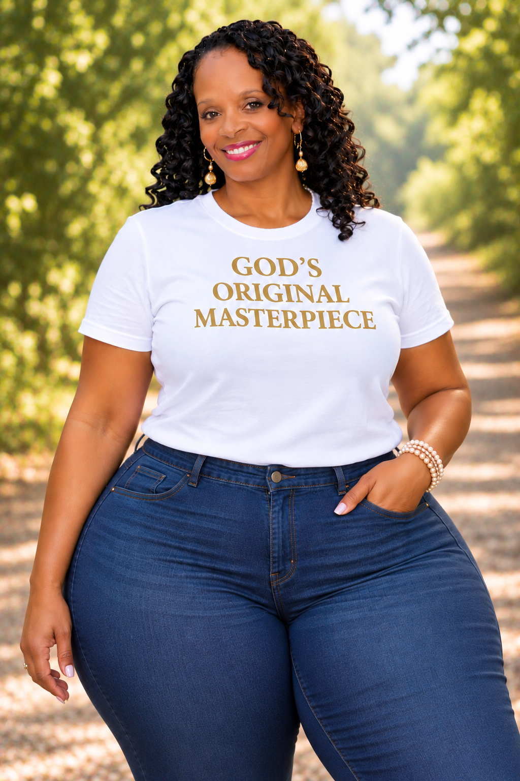 Person wearing a white God's Original Masterpiece t-shirt with gold lettering, paired with jeans, outdoors on a tree-lined path