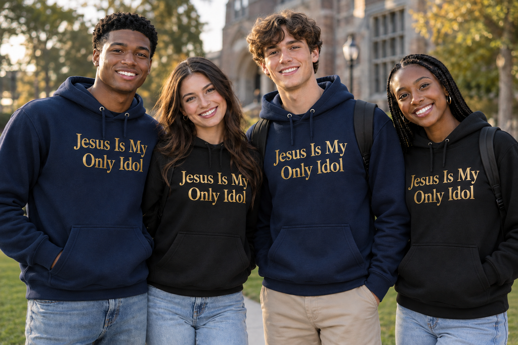 Four college students wearing navy and black hoodies with the gold slogan Jesus Is My Only Idol.