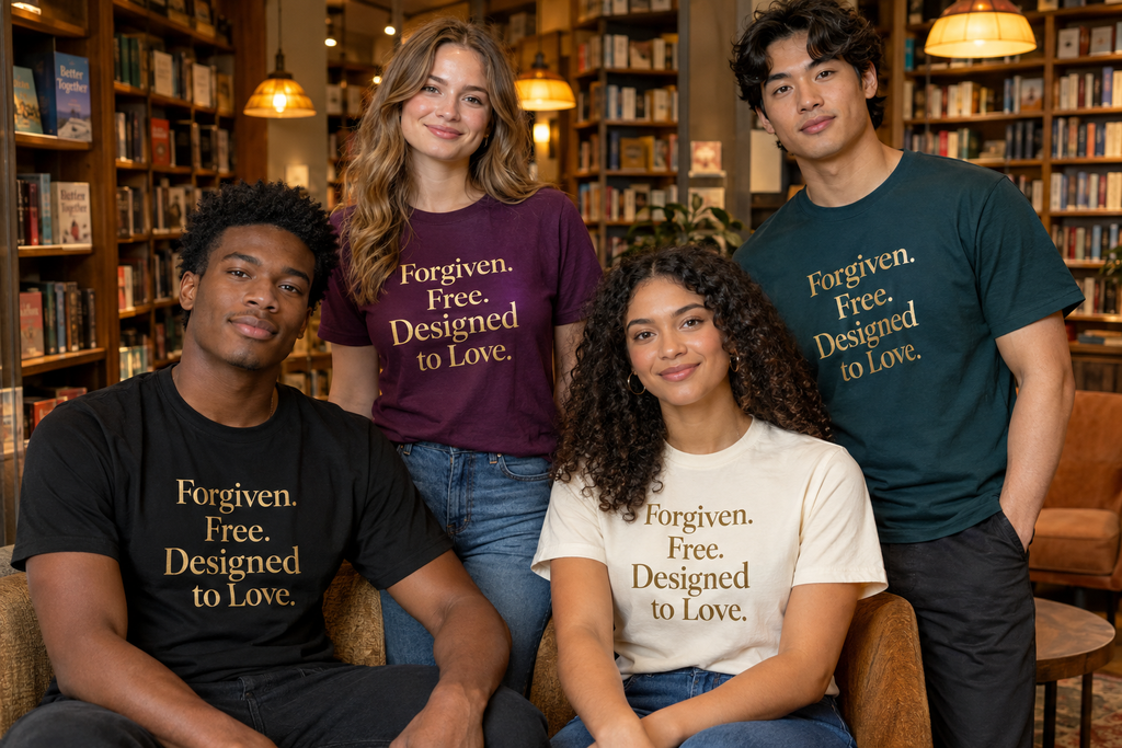 Four young adults wearing Forgiven. Free. Designed to Love. T-shirts with gold lettering in a bookstore lounge