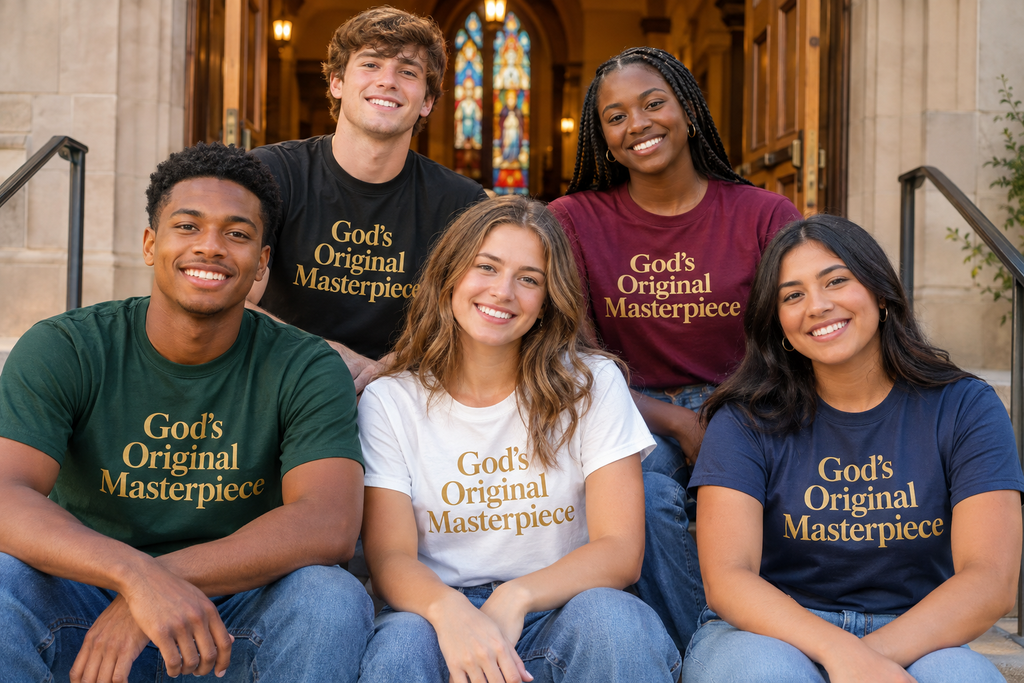Five young adults wearing God's Original Masterpiece T-shirts with gold lettering on church steps